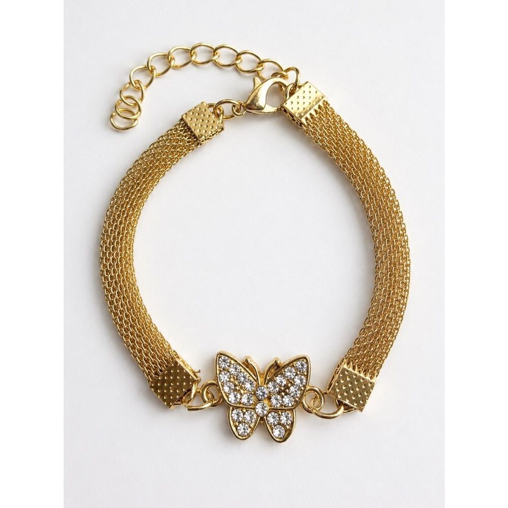 Crystal Butterfly Mesh Bracelet in Gold Tone - 6.5”-8”